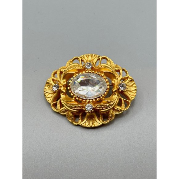 Vintage Matte Gold Tone Brooch Very Ornate Oval Design with Clear Rhinestones - Picture 4 of 6